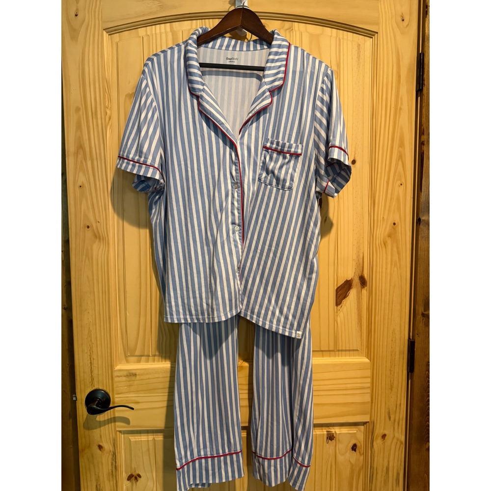 GapBody Womens XL Pajama Set Blue White Striped Short Sleeve Top Long Pants